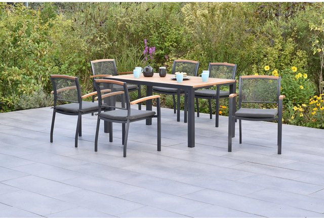 Merxx Gartenmöbelset Tilos 13-teilig in Anthrazit und Grau mit Stapelsesseln, Tisch und Auflagen aus Aluminium, Holz und Polyester, Tisch B: 150 cm, T: 90 cm - Bild 1