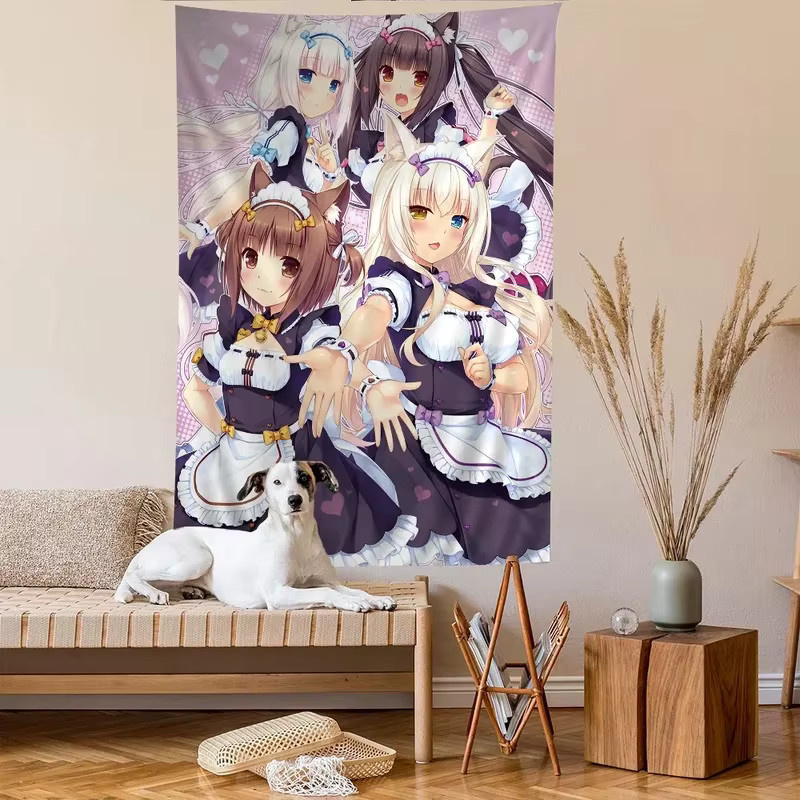 VIKAMA Nekopara Wandteppich mit Cat Girl Anime Motiv und floraler Dekoration, Mehrfarbig, Breite: 70 cm, Höhe: 50 cm - Bild 2