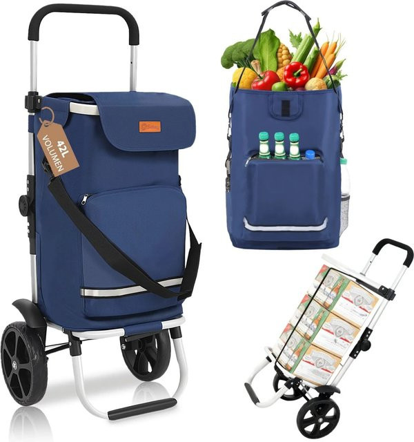 Sekey 3-in-1 Faltbarer Einkaufstrolley mit Kühlfach und Spanngurt in Blau - Bild 1
