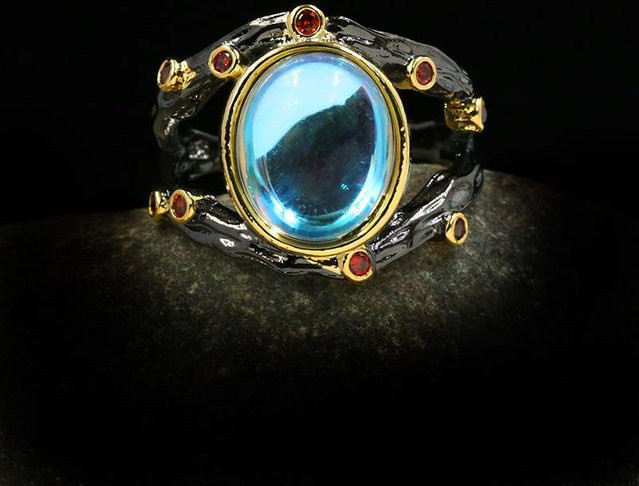 YIRAN Jewelry Ring Mondstein, Messing, Schwarz, Zirkonia, Damen - Bild 1