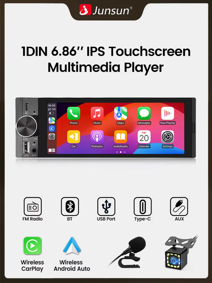 Junsun 1 Din Autoradio mit 6,86 Zoll IPS Touchscreen, Bluetooth, Apple CarPlay und Android Auto, Schwarz - Bild 4