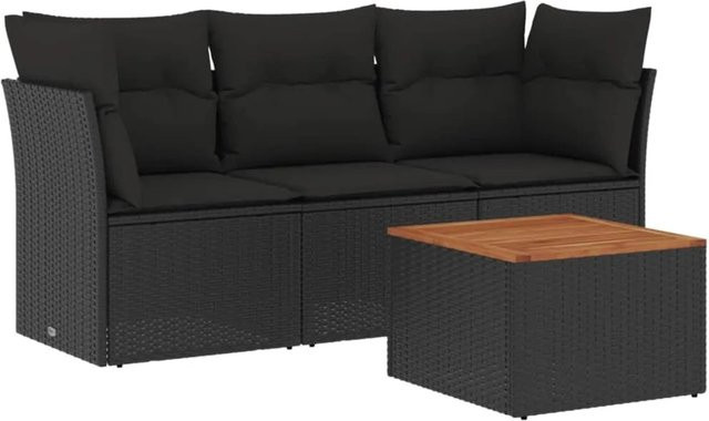 vidaXL 4-tlg Garten-Sofagarnitur in L-Form mit Kissen und Couchtisch, Schwarz, Poly Rattan und Metallgestell - Bild 1