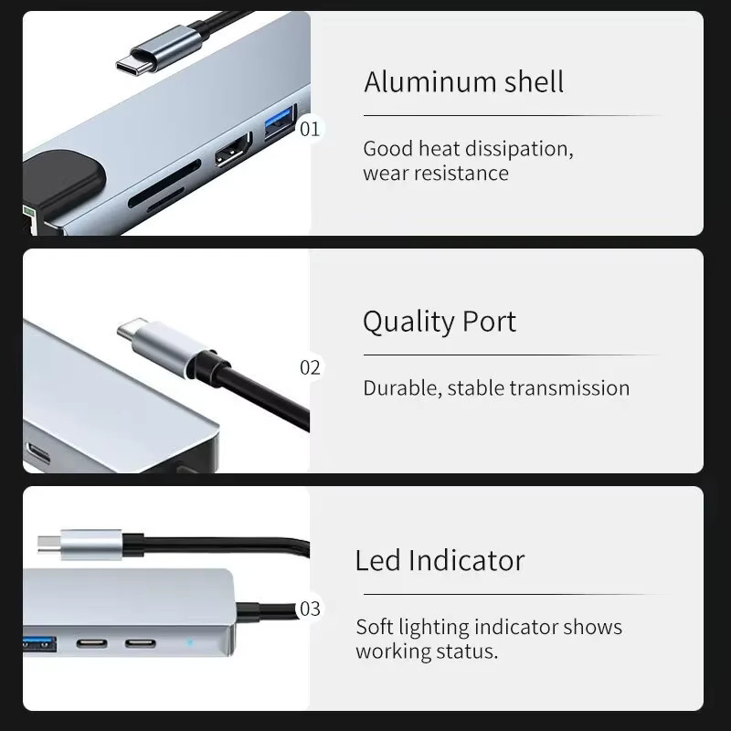 8-in-1 USB-C-Hub 3.0 Typ-C-Splitter als 4K-Dockingstation mit HDMI, RJ45 Ethernet, SD und TF Slot für MacBook Air M1 und iPad Pro, Farbe: Silber - Bild 6