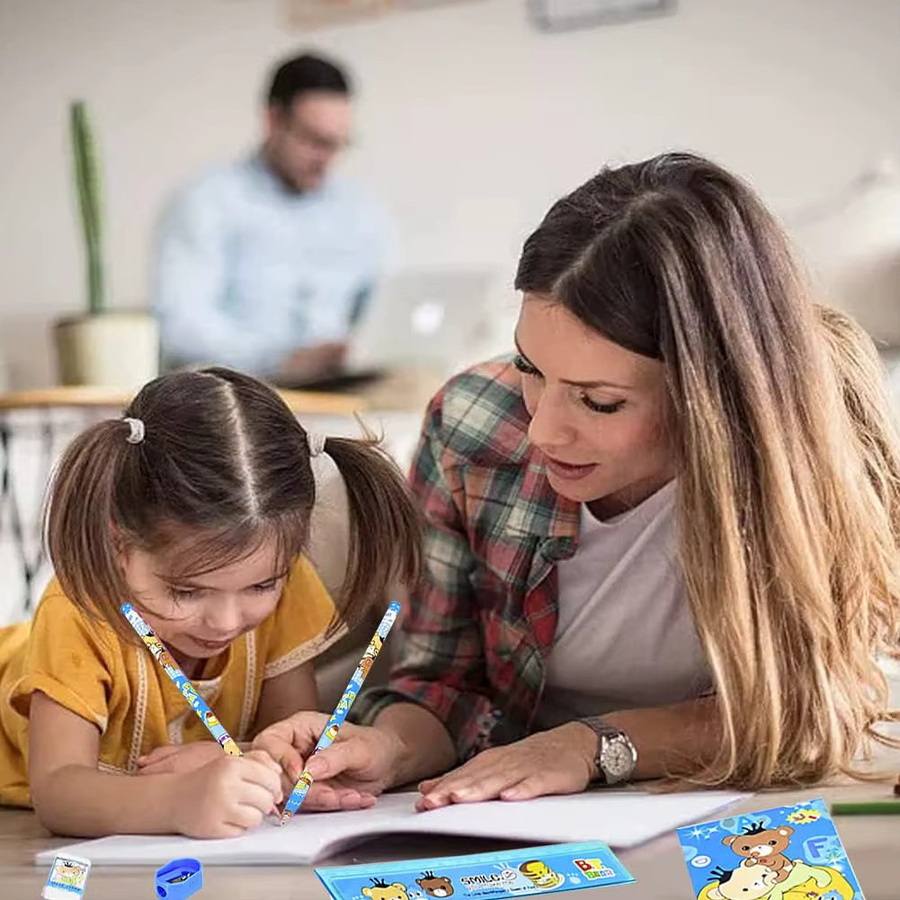 6er Set Schul-Briefpapier-Sets mit Notizbuch und Schreibutensilien in Gelb und Mehrfarbig für Kinder - Bild 2