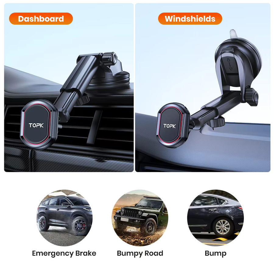 TOPK Magnetische 3-in-1 Handy-Autotelefonhalterung für Windschutzscheibe und Armaturenbrett in Schwarz mit verstellbarem langem Arm - Bild 6