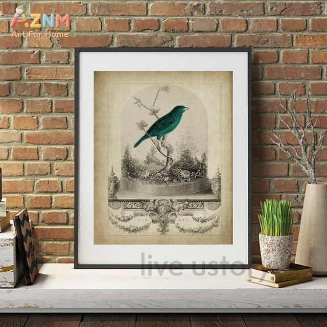 AZNM Vintage Wandkunst Leinwand mit grüner Vogel-Botanik-Illustration im Retro-Antik-Gravurstil - Bild 1