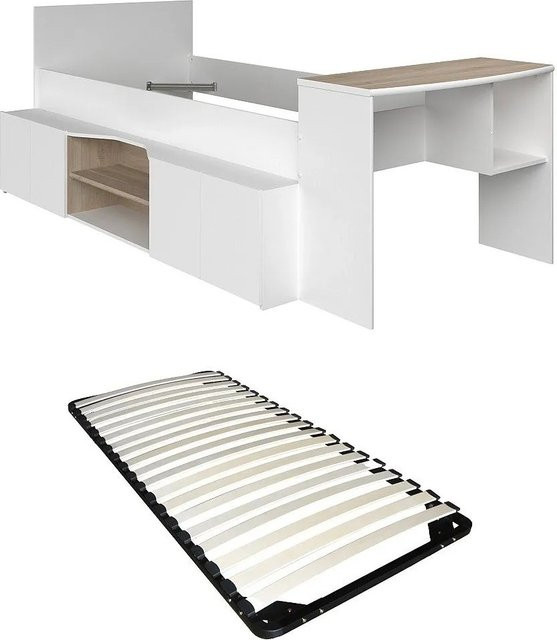 Bettkombination JOCHIANE mit Schreibtisch und Lattenrost in Weiß, B/T/H: 115,9 x 80–90 x 190/200 cm - Bild 1