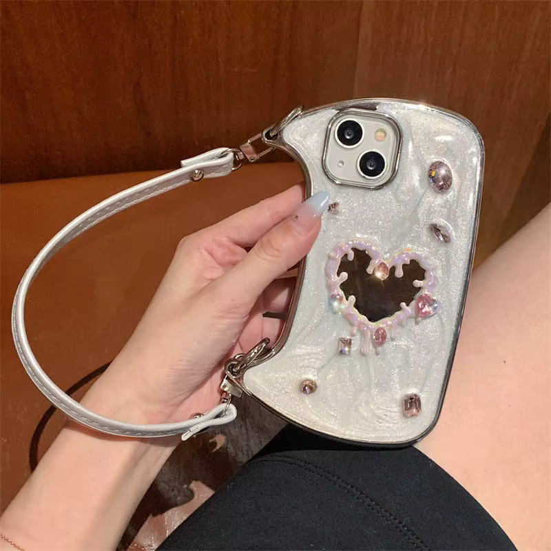 Koreanische 3D-Glitzer-Edelstein-Handyhülle mit Herz-Spiegel und Lederband für Apple iPhone 17, 16, 15, 14, 13, 12 in Weiß - Bild 4