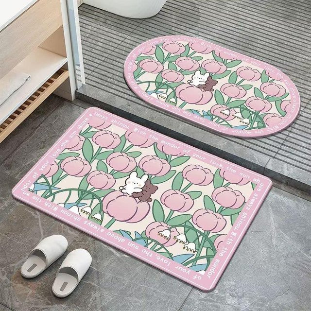 Yiran Furniture Kieselgur Fußmatte mit Blumenmuster in Pink, Saugfähig, Schnelltrocknend und Rutschfest, B/T: 60 x 40 cm - Bild 1