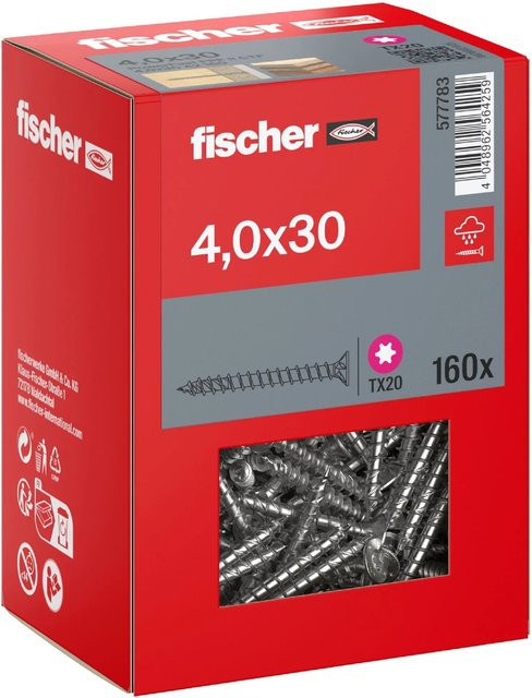 Fischer PowerFast II A2 Senkkopf TX Vollgewinde Schraube aus Edelstahl in Silber, Durchmesser: 4 mm, Länge: 30 mm - Bild 1