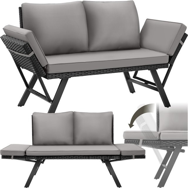 tectake Rattan-Loungesofa mit 2in1 Funktion in Schwarz-Hellgrau, B: 157 cm, T: 61 cm, H: 89 cm - Bild 1