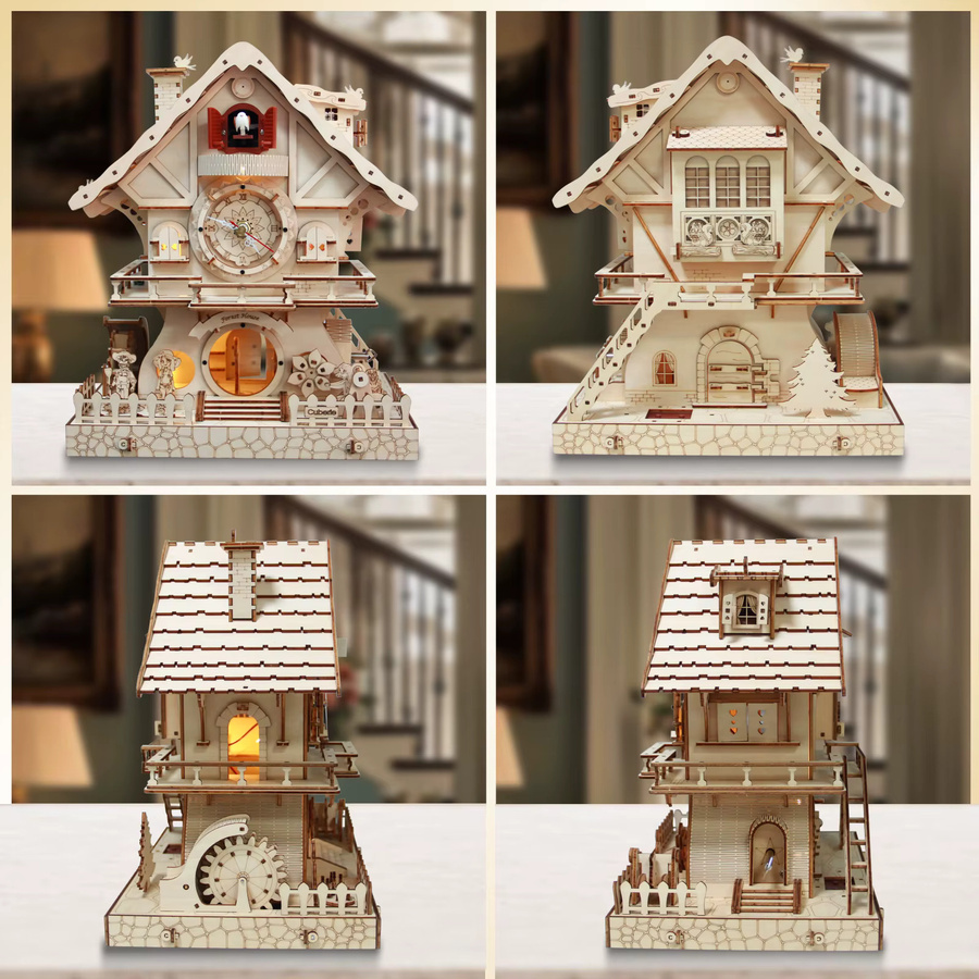 Cuberie 3D-Holzpuzzle Kuckucksuhr mit Spieluhr als DIY-Modellbausatz für Erwachsene in Champagner-Beige - Bild 2