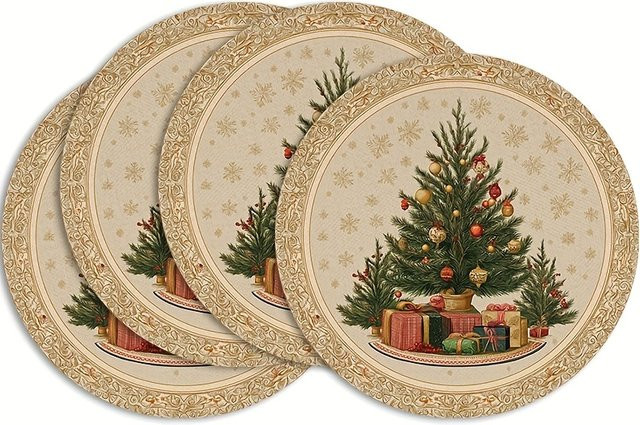 VIKAMA Weihnachtsbaum Runde Tischsets mit Sternen-Design, Mehrfarbig, Leinen, Durchmesser: 38 cm - Bild 1