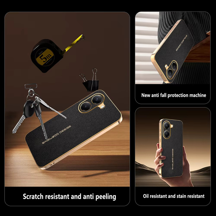 Luxus Lederhülle mit Lychee-Muster und plattiertem Rahmen für Xiaomi POCO X8 Pro Max X7 F8 Ultra F7 M8 Pro M7, Farbe: Schwarz - Bild 2