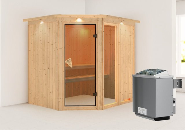 Karibu Sauna Freyja 2 aus Fichte mit 9.0 kW Ofen, integrierter Steuerung und LED-Dachkranz, Farbe: Natur/Braun/Weiß, B/T/H: 196 x 170 x 202 cm - Bild 1