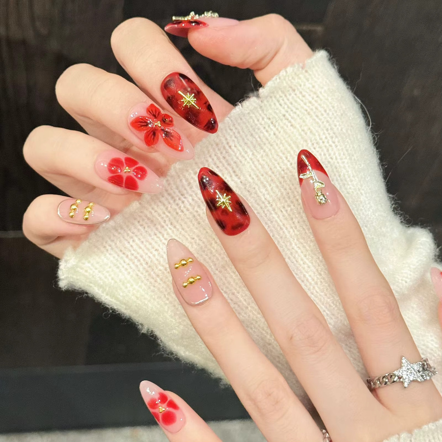 YADORNOS Press-on-Nägel mit 3D-Blumendekor, mandelförmig, glänzend, Damen - Bild 3
