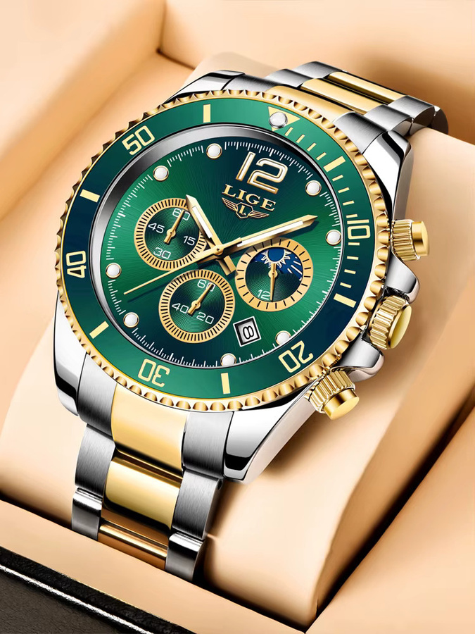 LIGE Chronograph Armbanduhr, Quarz, Edelstahl, Grün, Herren - Bild 7