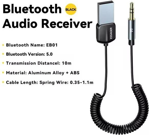 Essager USB Bluetooth Adapter Dongle mit 3,5mm Klinke für Auto Stereo, Bluetooth v5.0 Freisprecheinrichtung, Schwarz - Bild 1