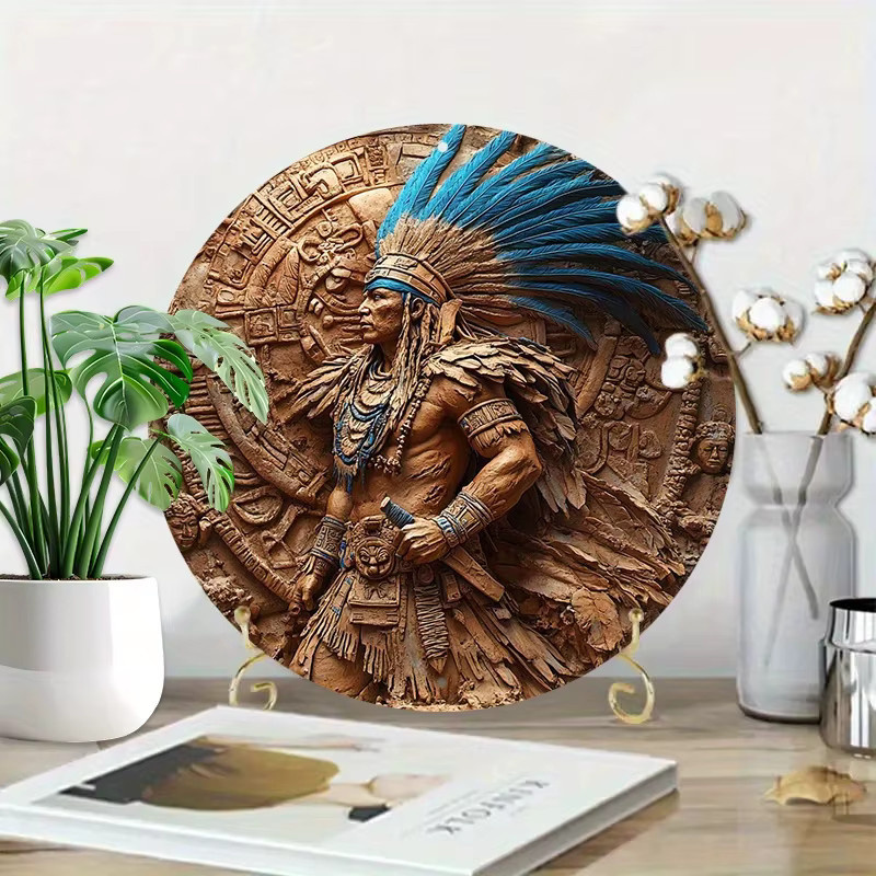 Potdemiel Azteken-Krieger Wandkunst aus Metall, rundes Retro-Metallschild in Braun, Durchmesser: 20,3 cm - Bild 2