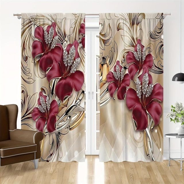 Yiran Furniture Luxus Vorhänge mit Perlen, Gold und Blumenmuster, semi-transparent, 2 Stück, Farbe: Gold, Pink, Rot, B: 60 cm, H: 150 cm - Bild 1