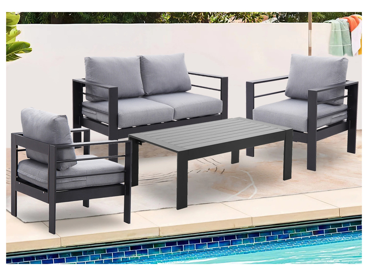 MEXO Gartenmöbel Lounge-Set Genua für 4 Personen aus pulverbeschichtetem Aluminium mit Polstern in Schwarz und Grau - Bild 2
