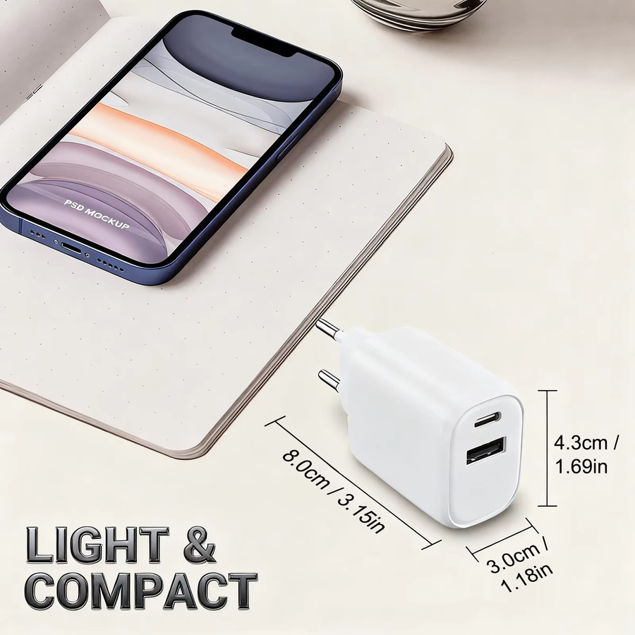 HUASUNWAY 30 W Dual-USB-Ladegerät in Weiß mit USB-C und USB-A PD & QC 3.0 Schnelllade-Wandadapter für iPhone, iPad, Samsung Smartphones und Tablets - Bild 4
