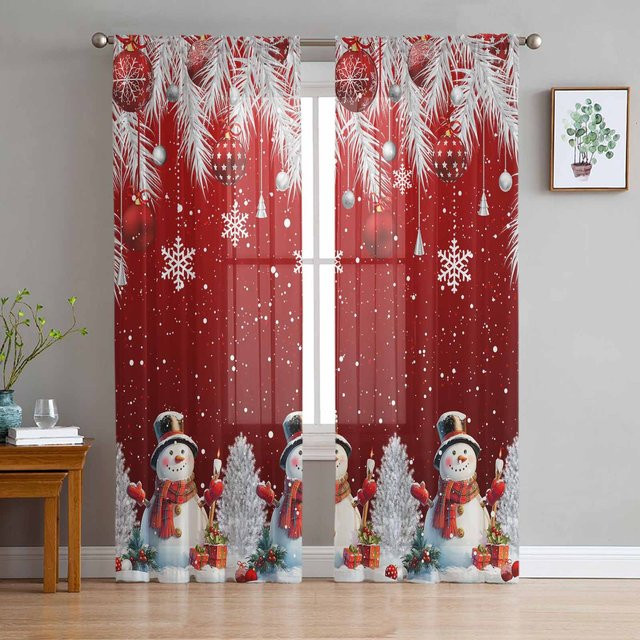 Yiran Furniture Weihnachtsvorhänge mit Tannenblättern und Schneeflocken, transparente Tüll-Voile-Vorhänge in Rot, B: 135 cm, H: 115 cm - Bild 1
