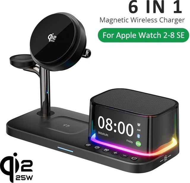 VIKEFON Magnetisches kabelloses Ladegerät mit TEC ICE Kühlung und Bluetooth-Lautsprecher, 25W Schnellladung für iPhone, Apple Watch und AirPods, Schwarz - Bild 1