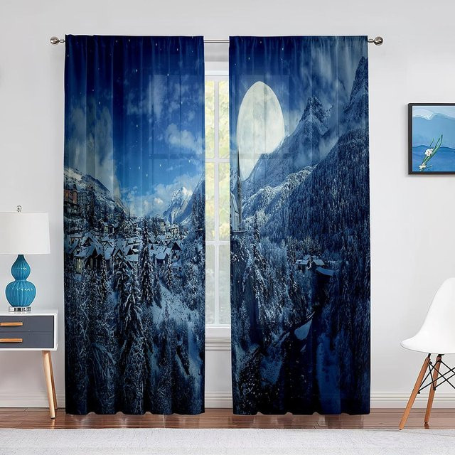 Transparenter Tüllvorhang mit Winterlichem Bauernhaus Motiv in Blau, Breite: 100 cm, Höhe: 250 cm - Bild 1