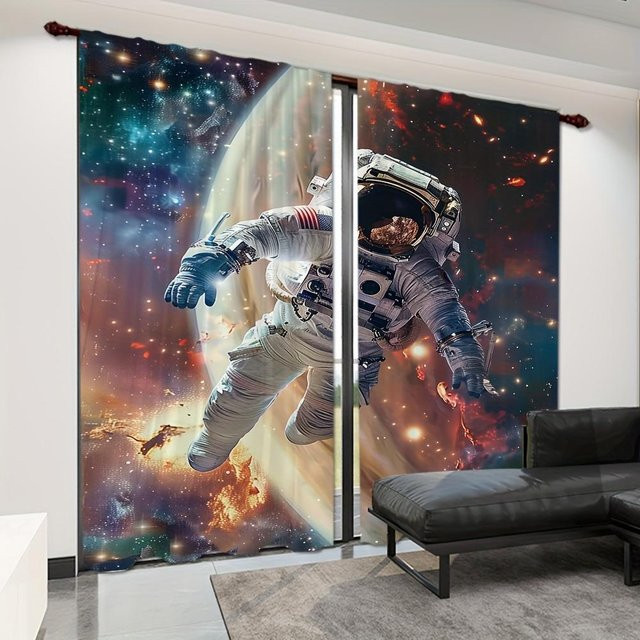 2er-Set Yiran Furniture Vorhänge mit Astronaut Weltraumlandschaft Motiv, halbtransparent, Polyester, Mehrfarbig, Breite: 100 cm, Höhe: 130 cm - Bild 1