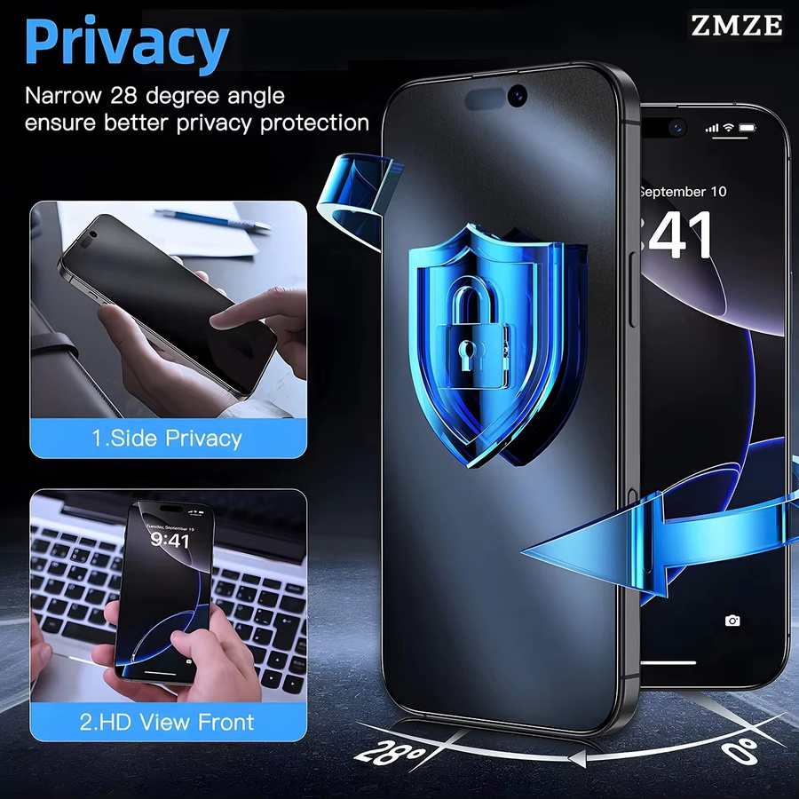 ONEVAN 3er-Set Anti-Spionage Displayschutz für iPhone 17e 16 15 14 13 12 11 Pro Max Air, staubfreies Sichtschutz-Glas, transparent - Bild 3