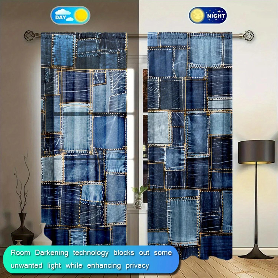 2er-Set Jeans Patchwork Vorhang mit Grafikprint, halbtransparent, moderner Stil, B: 107 cm, H: 160 cm - Bild 3
