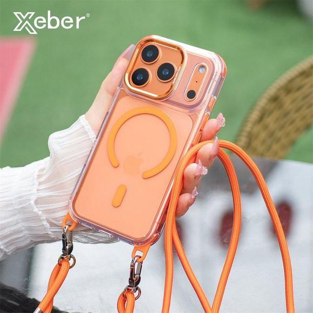 Xeber Magnetische Riemen-Magnethülle für iPhone 16, 15, 14, 13, 12, 11 Pro Max Plus mit Magsafe, transparente Umhängetasche mit Umhängeband in Gold - Bild 1