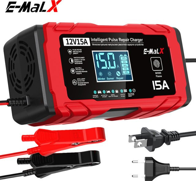 WAPUNO Intelligentes 12V 15A Autobatterie Ladegerät mit Puls-Reparaturfunktion für LiFePO4, Blei-Säure, AGM, GEL und Lithium-Batterien in Rot - Bild 1