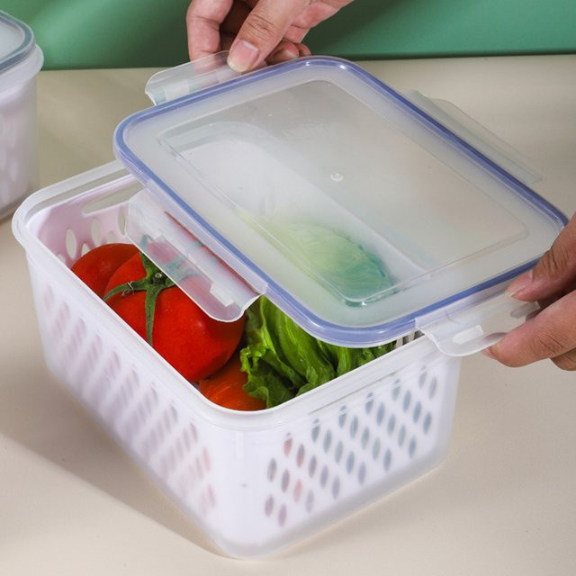 Multiyilego Mehrzweck-Drainage-Crisper-Box mit Ablaufkorb und Snap-Lid, stapelbare Aufbewahrungsbox für Gemüse, Farbe: Weiß/Transparent - Bild 1