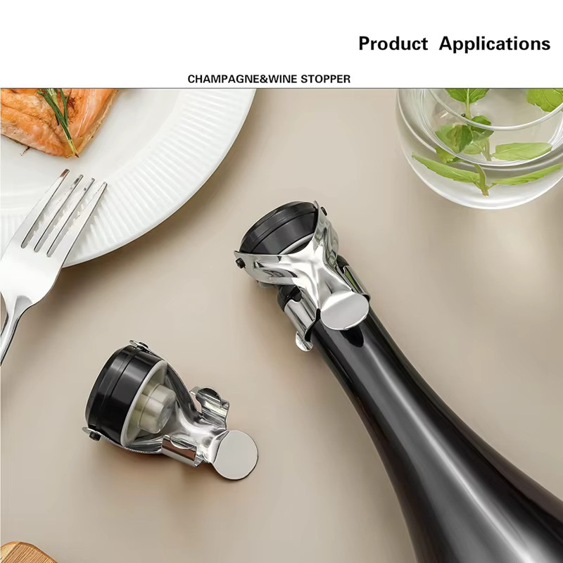 4er-Set XLSXVZ Flaschenverschlüsse aus Edelstahl für Champagner und Wein, auslaufsicher und wiederverwendbar, Silber und Schwarz - Bild 6