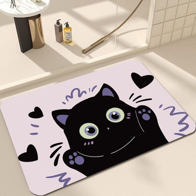 Schnelltrocknende Kieselgur Badematte mit Katzenmotiv in Lila, B/B: 40 x 60 cm - Bild 1