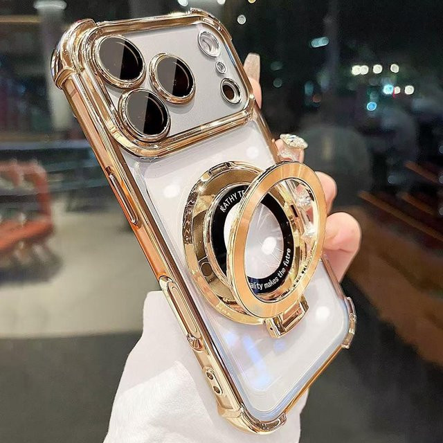 Tuiying002 Luxus-Galvanik-Handyhülle mit magnetischem Ringhalter Ständer für iPhone 17 Pro Max 16 Plus 15 14 13 12 11 Transparent Gold - Bild 1