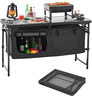 VEVOR Camping Küchentisch aus Aluminium, klappbarer Outdoor Kochtisch mit Organizer und Tragegriff, 3-fach höhenverstellbar, Schwarz
