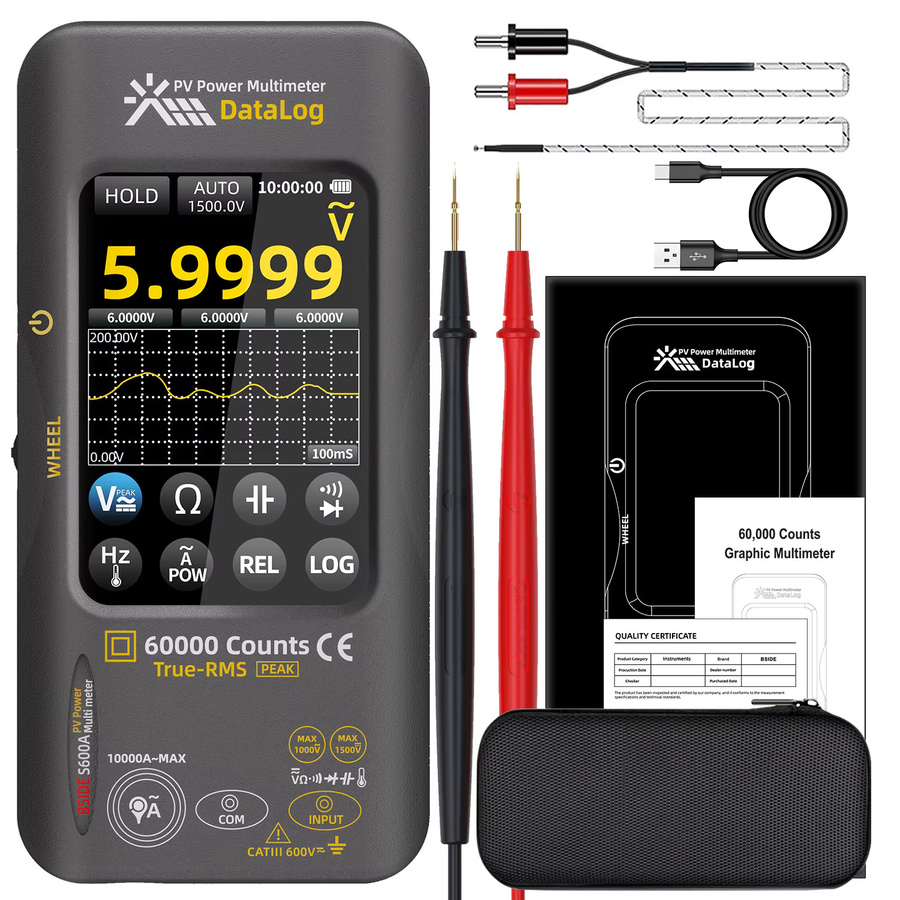 BSIDE PV Digital-Multimeter mit 60.000 Messwerten, Multitester zur Leistungsmessung mit 10.000A flexiblem AC-Klemmdraht, Datenaufzeichnungsgerät mit 3,98 Zoll Touch-LCD, 1500VDC/1000VAC, Farbe: Schwarz - Bild 8