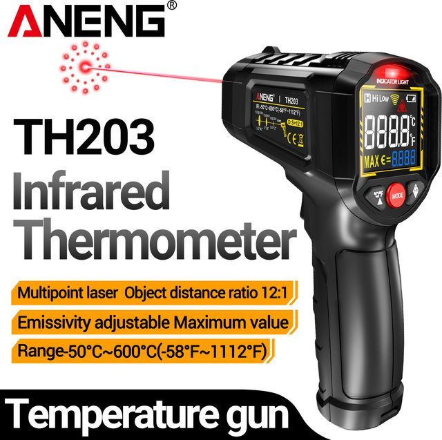 ANENG TH203 Infrarot-Thermometer in Schwarz mit einstellbarer Emissivität, Laserpositionierung und Alarmfunktion für den Bereich -50 bis 600 °C / 1112 °F - Bild 1
