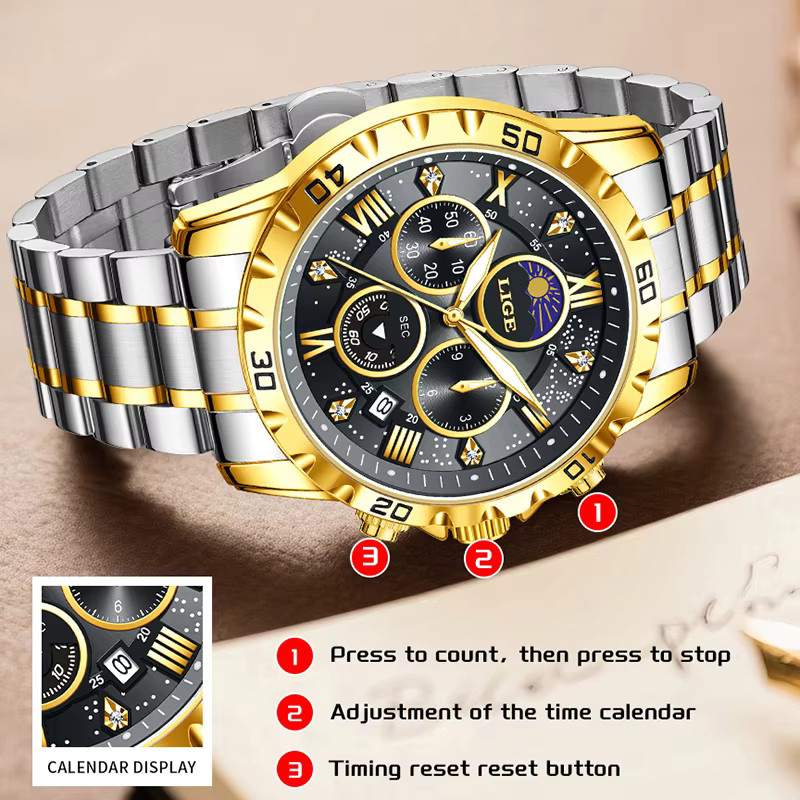 LIGE Chronograph, Quarz, Edelstahl, Schwarz, Herren - Bild 5