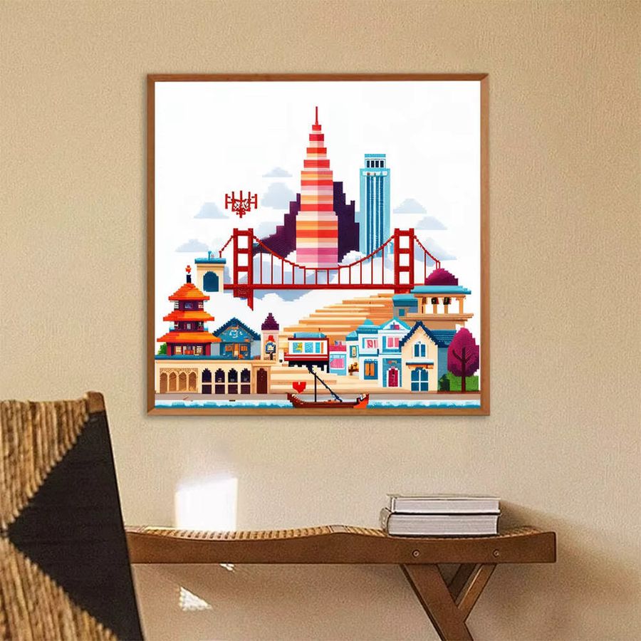 HUACAN Kreuzstichset Stadtturm Landschaftsstickerei auf bedruckter Leinwand, Multicolor, B/T/H: 30 x 30 x 30 cm - Bild 3