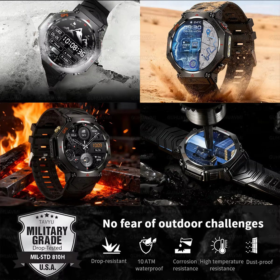 GUHUAVMI Militär Smartwatch für Männer mit GPS, AMOLED HD Display, Bluetooth Anruffunktion und Taschenlampe, wasserdicht 10ATM IP69K, Farbe: Schwarz - Bild 6