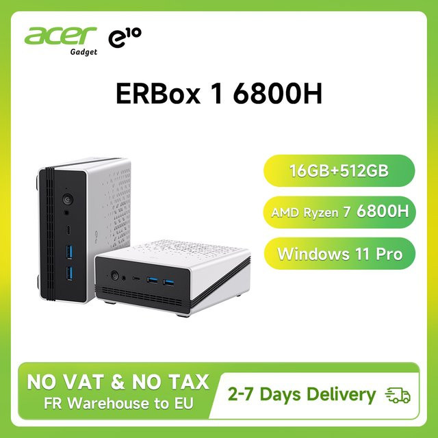 Acer Gadget E10 ERBox 1 Mini PC mit AMD Ryzen 7 6800H, 16GB LPDDR5, 512GB M.2 PCIe SSD, WiFi 6, Bluetooth 5.3 und Windows 11 Pro in Schwarz - Bild 1