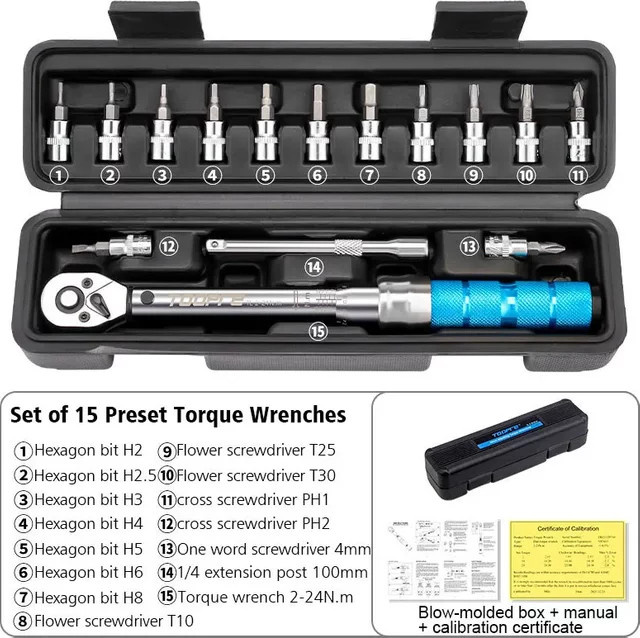 TOOPRE Fahrrad-Drehmomentschlüssel-Set 15-teilig in Silber, 1/4 Zoll, 2-24 Nm, inklusive Ratschenschlüssel, Torx- und Inbusschlüssel sowie Aufbewahrungsbox für deine Fahrrad-Wartung und Reparatur - Bild 1