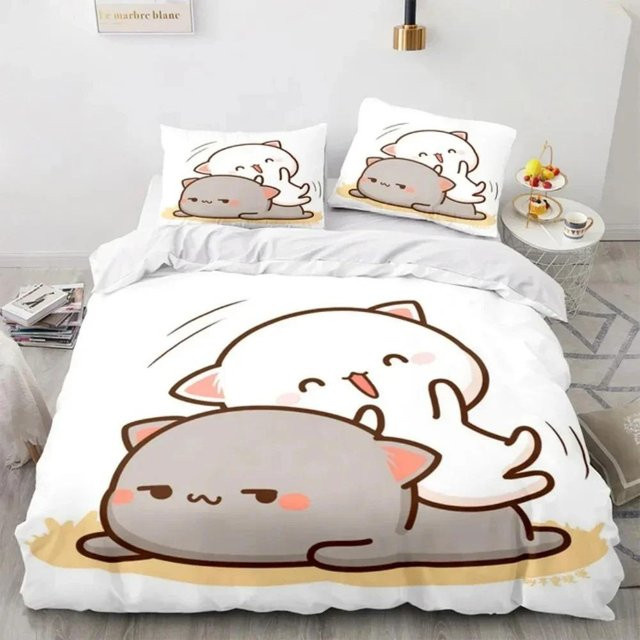 Binchi Outdoor Product Bettwäscheset 3D Cartoon Pfirsich Katze in Weiß, bestehend aus Bettbezug und Kissenbezug, B/H: 70 x 133 cm - Bild 1