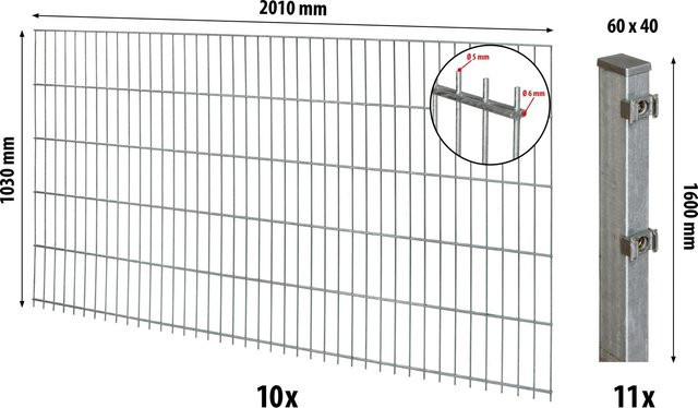 Floraworld Doppelstabmatten-Zaunset aus Stahl verzinkt in Silber/Grau mit Pfosten, Höhe: 200 cm, Breite: 103 cm, Drahtstärke: 6 x 4 mm - Bild 1