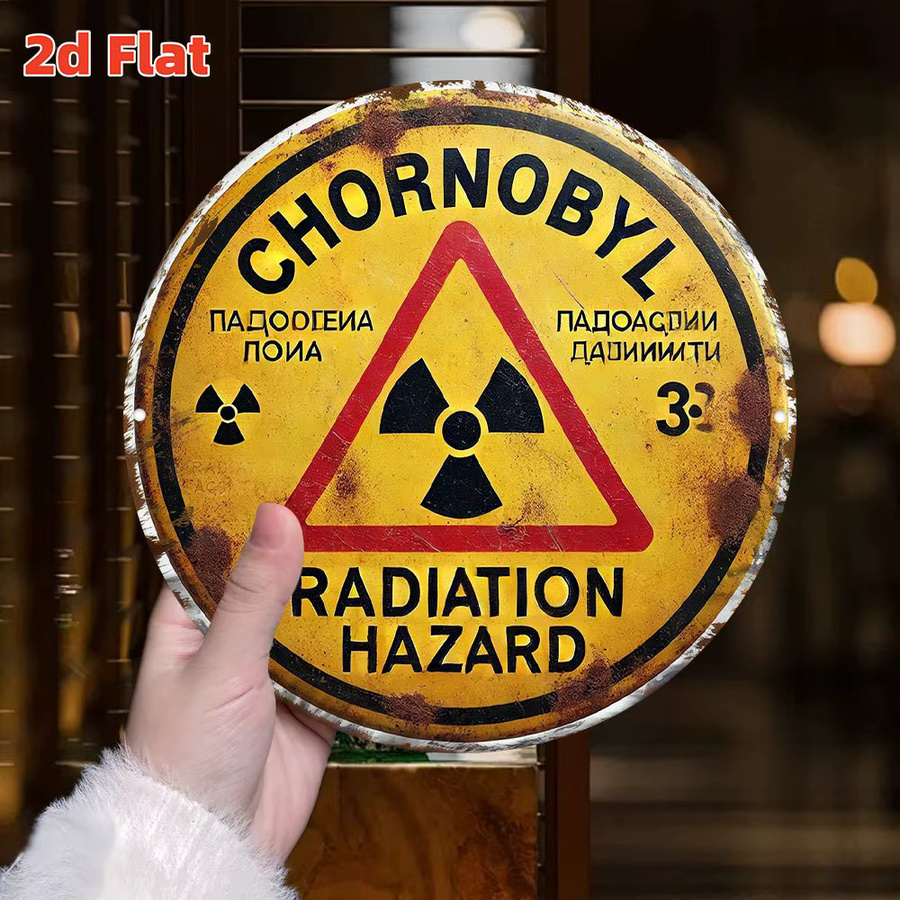 Potdemiel Warnschild Chernobyl Radiation Hazard in Gelb, rundes Metallschild mit kyrillischem und englischem Text, Durchmesser: 20 cm - Bild 3