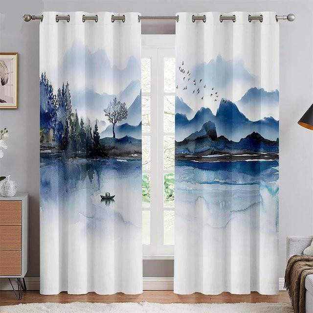 2er-Set Yiran Furniture Vorhang mit chinesischer Pflaumenblüten-Landschaftsmalerei in Blau, halbtransparent, mit Ösenaufhängung, Breite: 100 cm, Höhe: 130 cm - Bild 1